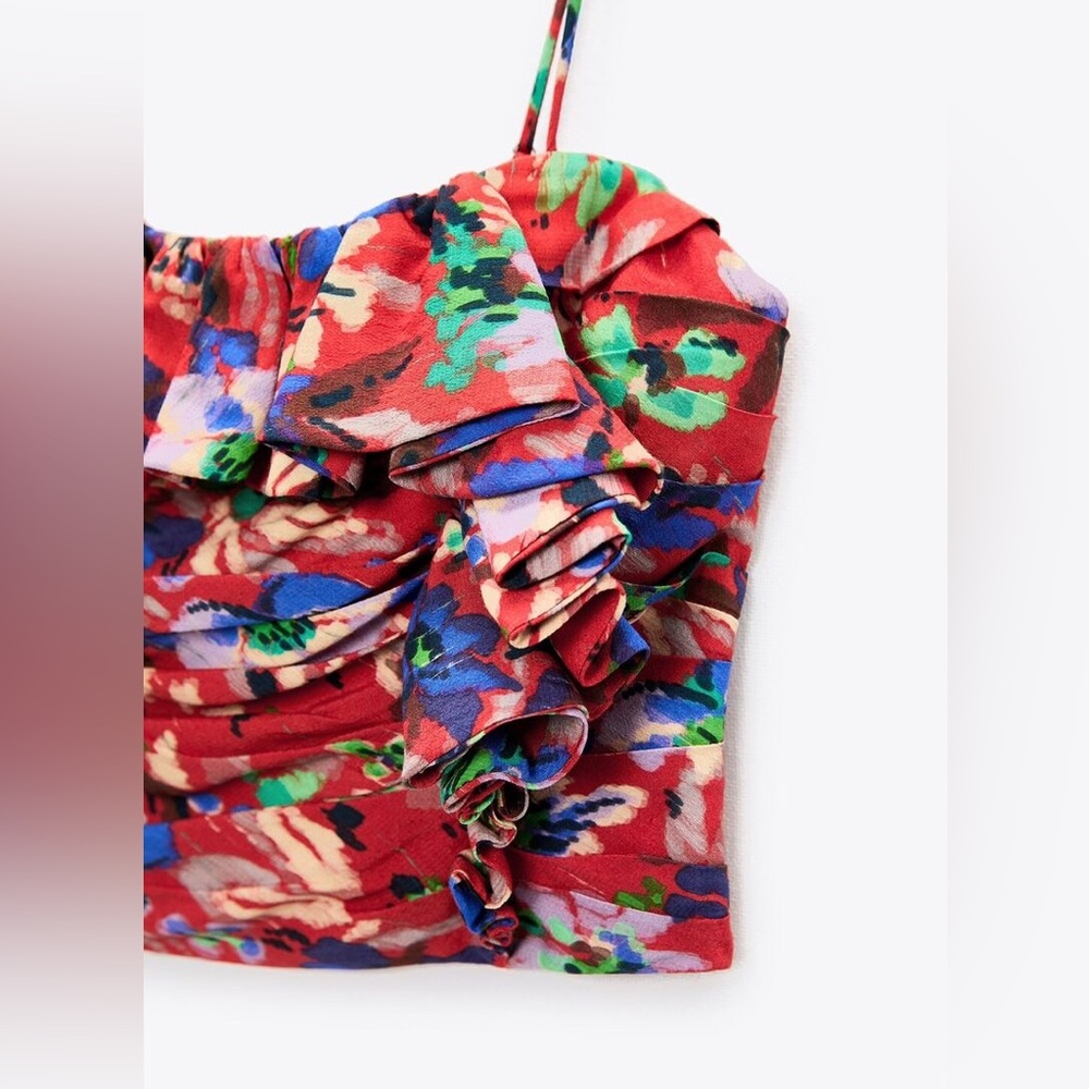 Zara Red Floral Ruffle Crop Top - Picture 3 of 8